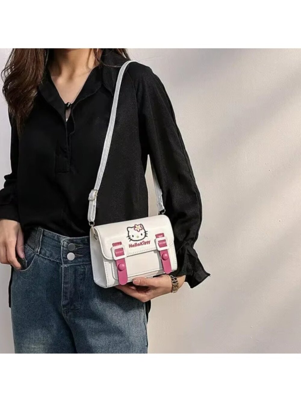 Hello Kitty White Crossbody Bag Cute Pink Buckle Design, Adjustable Strap